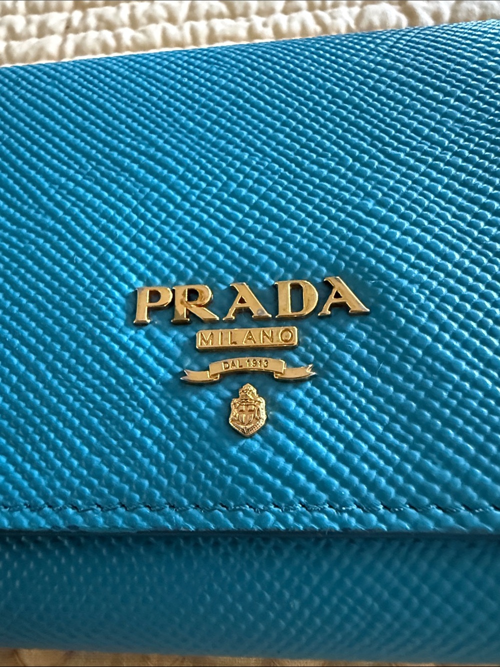 Prada Turquoise Saffiano Leather Flap Wallet with Gold Logo